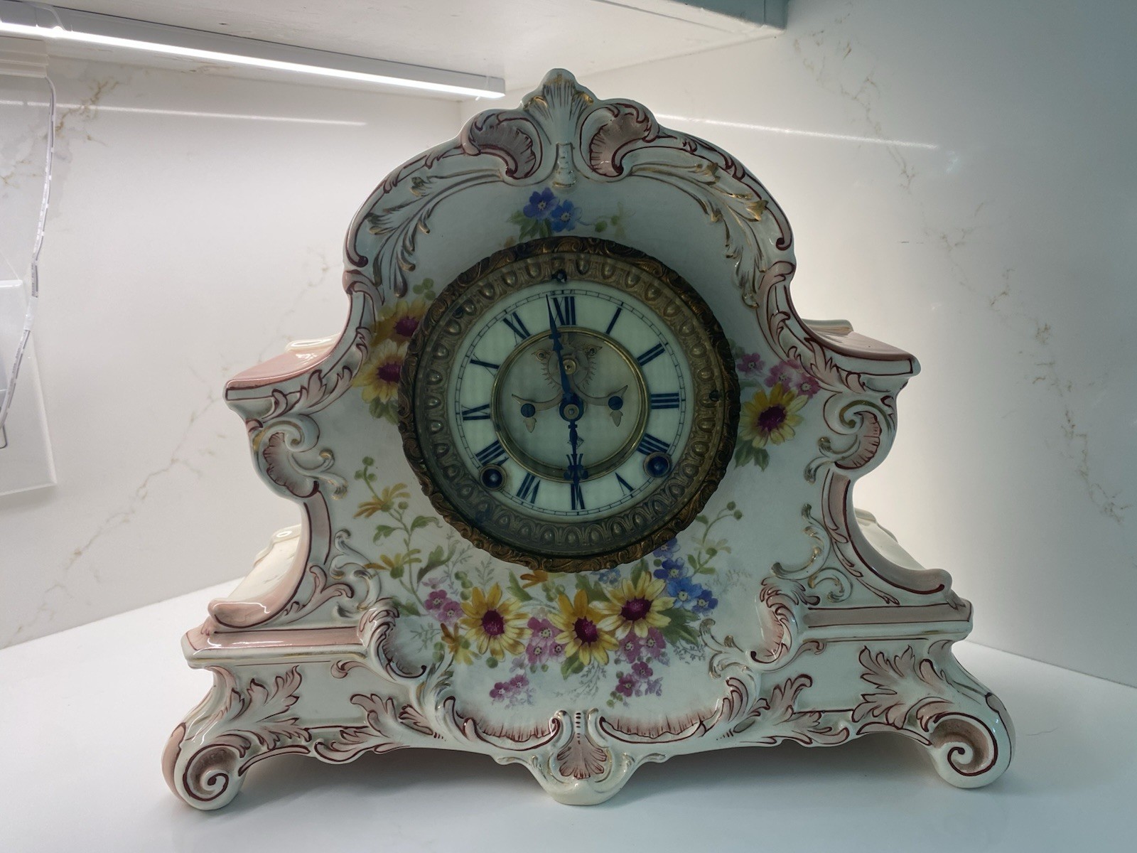 ANTIQUE ANSONIA ROYAL BONN "LA NORD" KEY WIND BONG STRIKE PORCELAIN CLOCK! NICE!