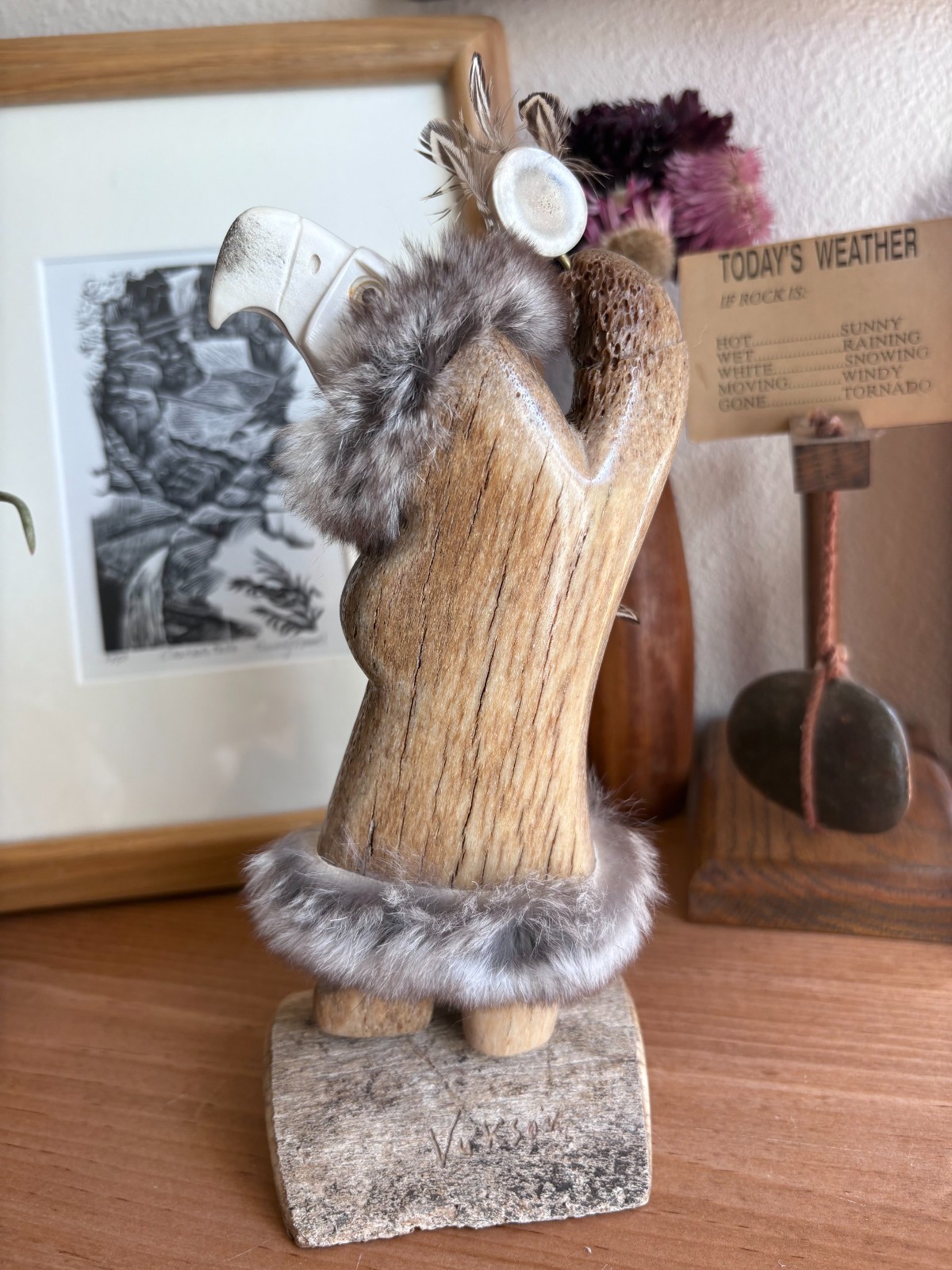 Vukson Signed Handmade Moose Antler?, Fur + Stone Inuit Eskimo Eagle Sculpture