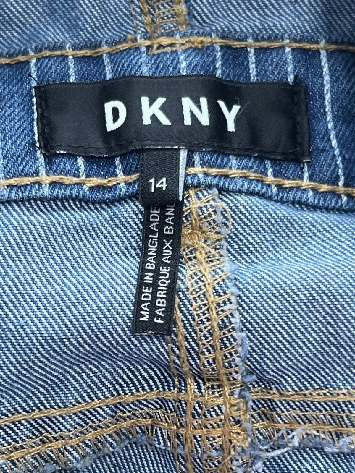 DKNY Girls Overall Shorts Blue White Stripe Adjustable Straps Size 14 Logo