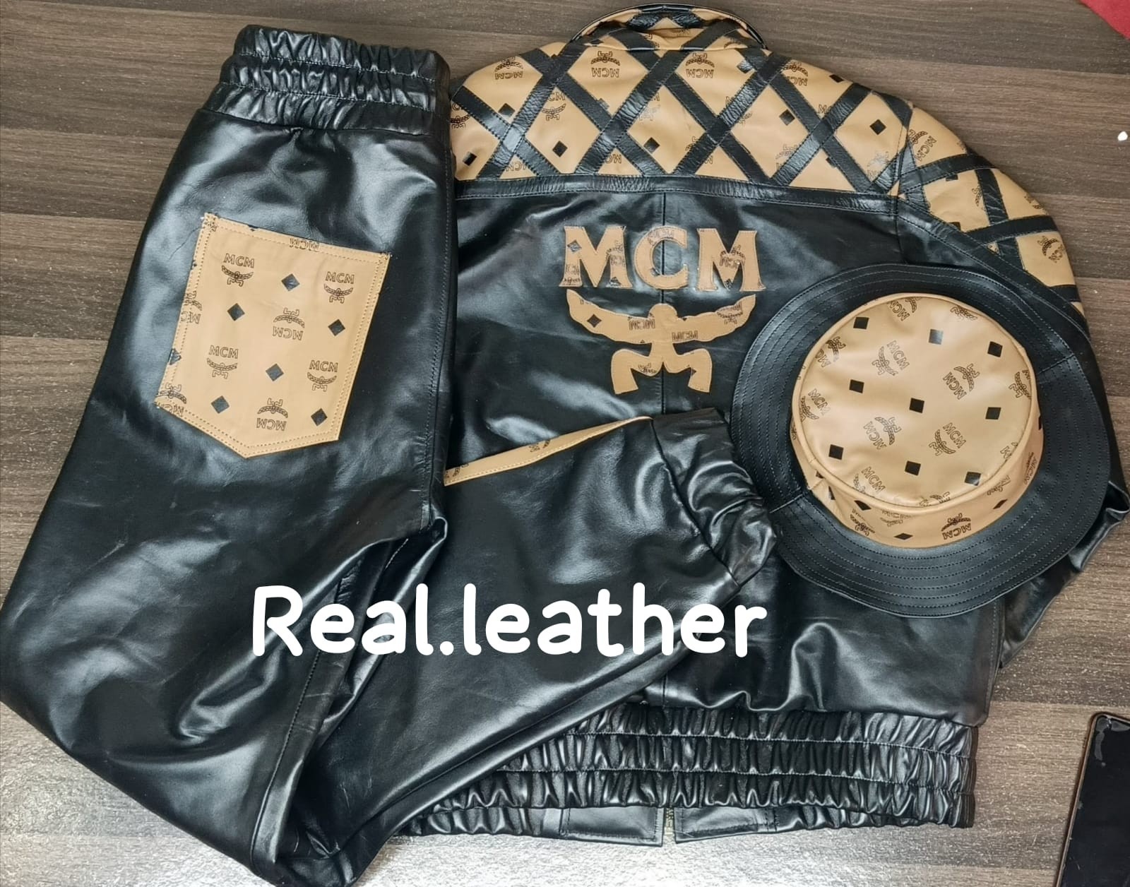 Vintage MCM Black Leather Tracksuit Jacket Pants & Bucket Hat Set Monogram Logo