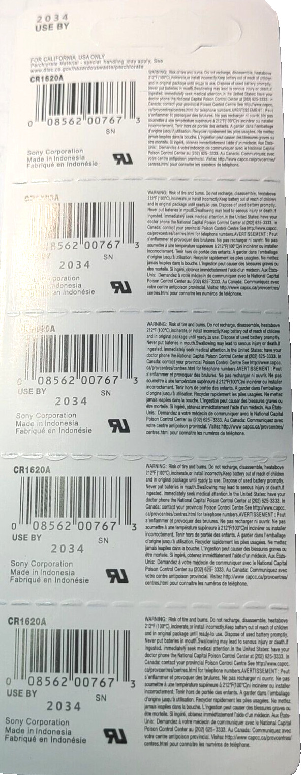 CR1620 SONY MURATA 5PK 3V LITHIUM (GREAT EXP 2034) DL1620 ECR1620 FREE SHIP&TRAK