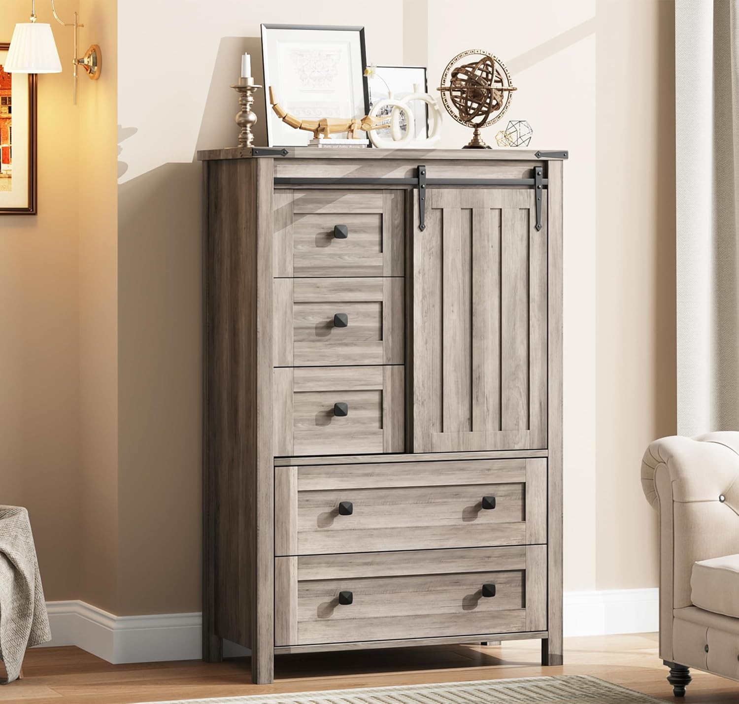 Rustic 5 Drawer Dresser with Barn Door & Adjustable Shelf - Grey Finish
