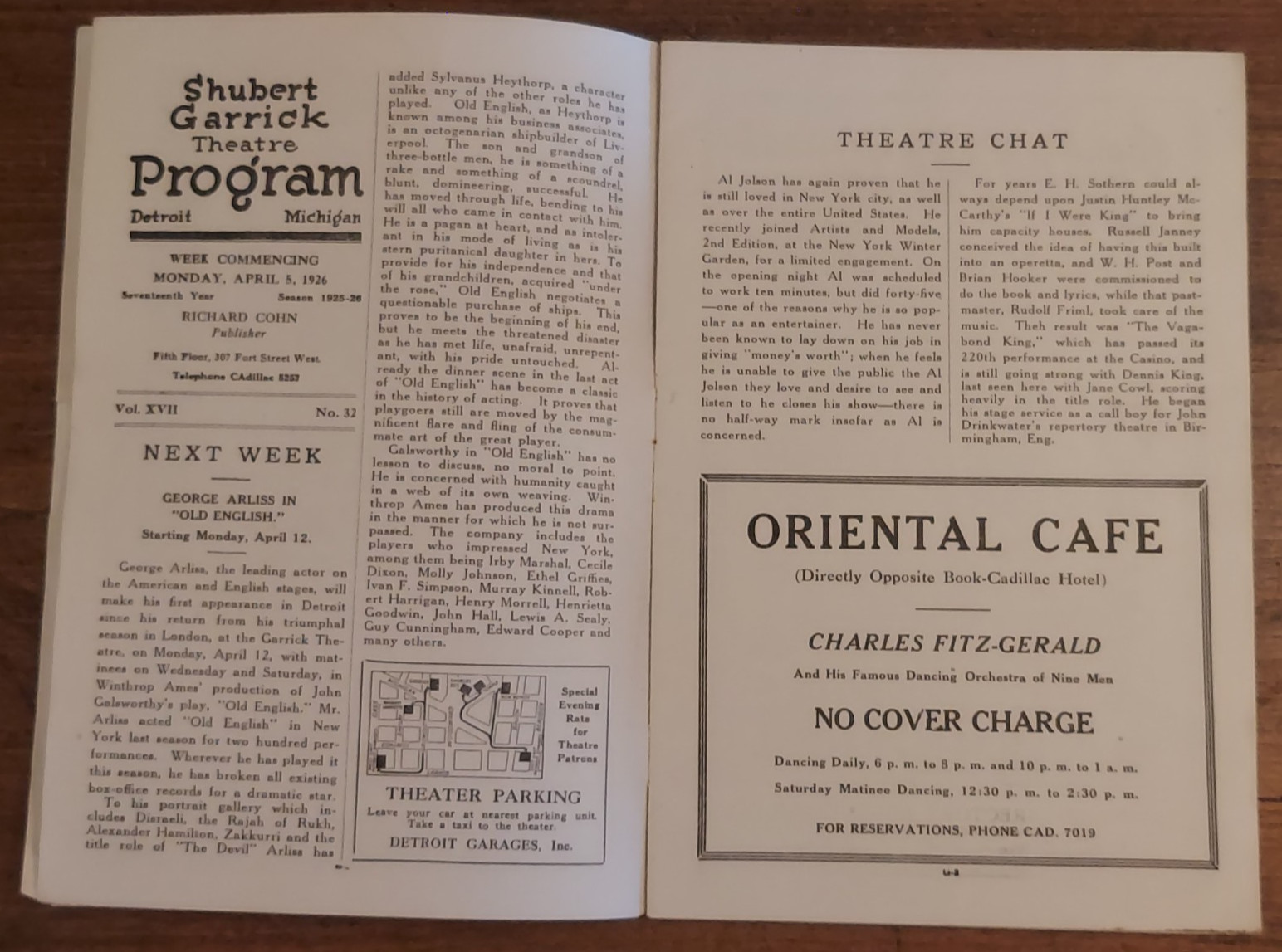 Vintage Garrick Shubert Theater Detroit 1926 Schedule Program w/ Advertising