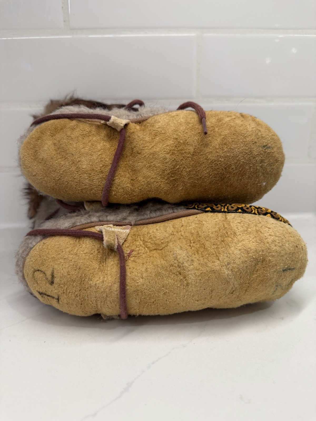 Vintage Alaska Inuit Child Fur Mukluk Boots Handmade Suede Sole Native Arctic