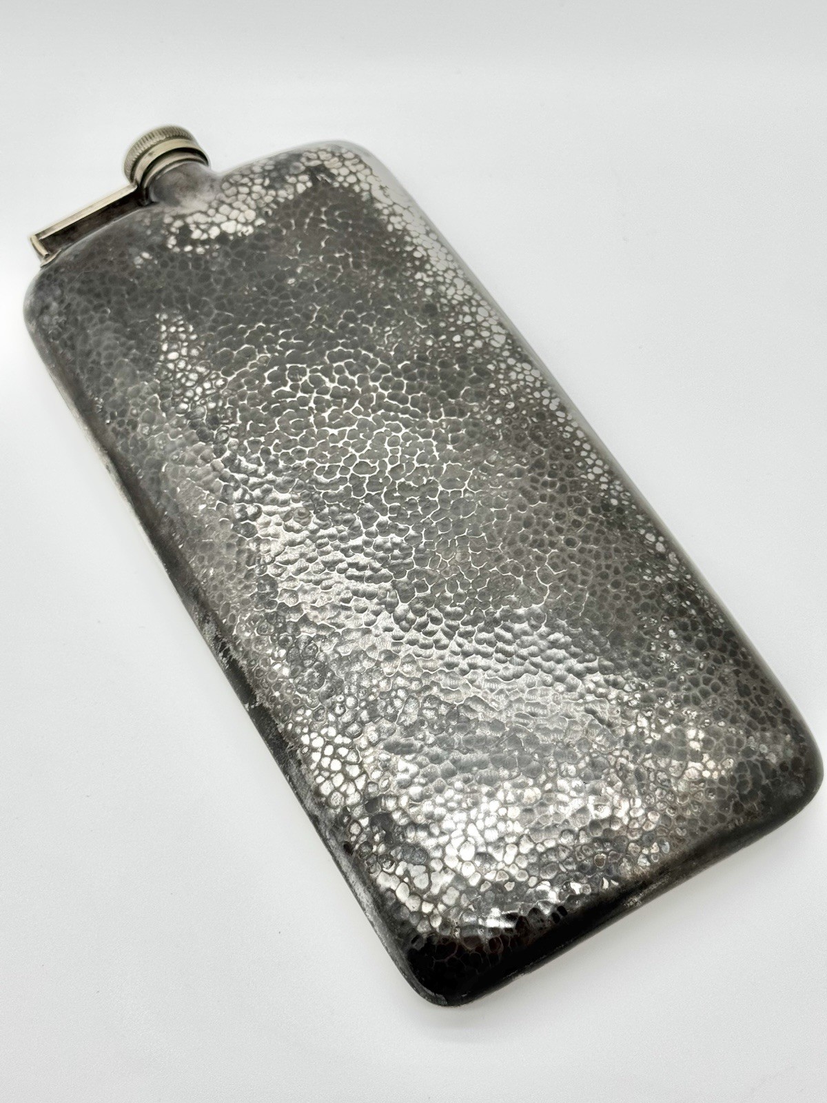 Antique E & J Bass Silver Plated Hammered Hip Flask Art Deco
