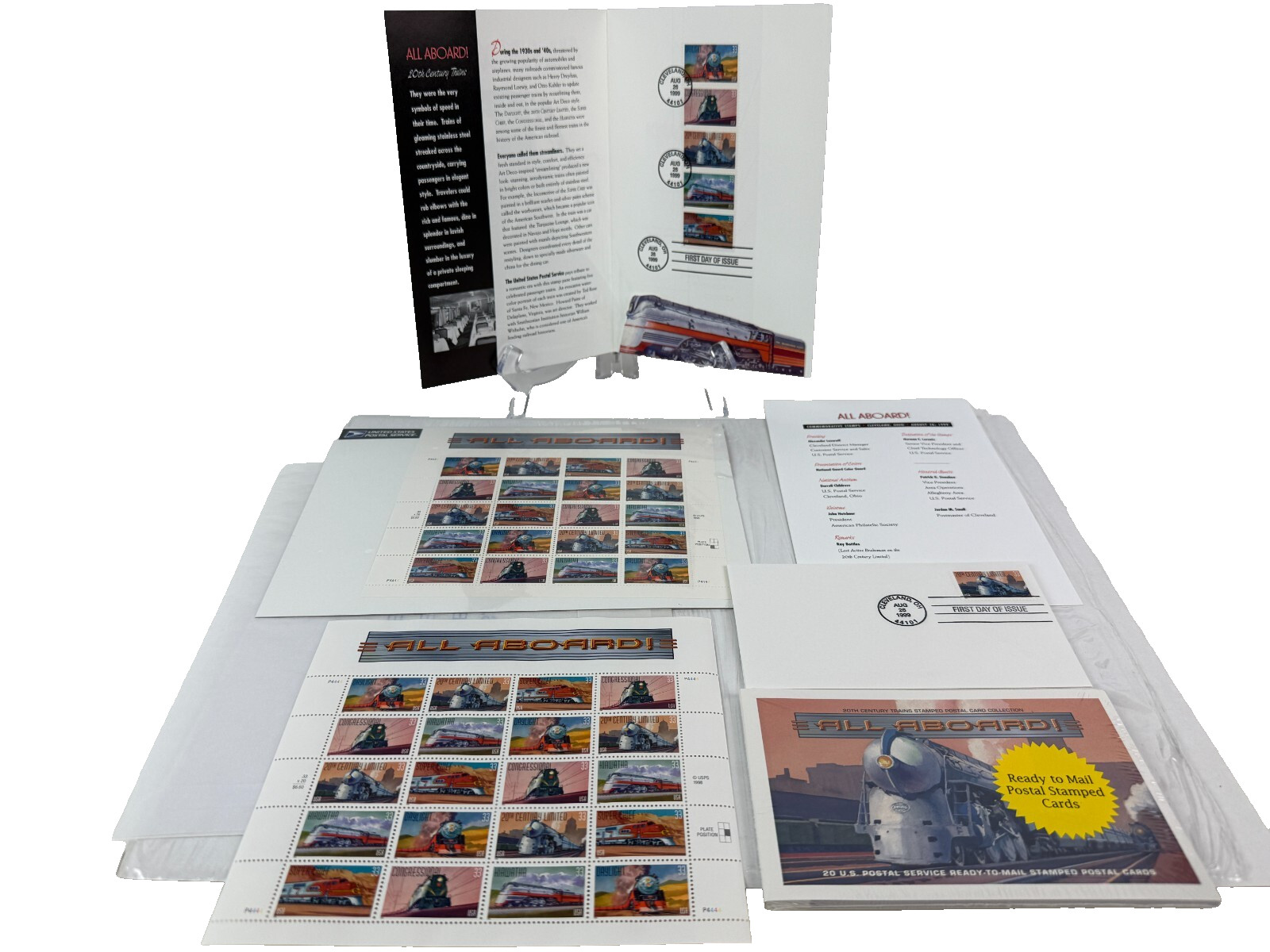 USPS "All Aboard" Stamp Complete Set Prints,Post Cards 1st Day of Issue Aug 1999