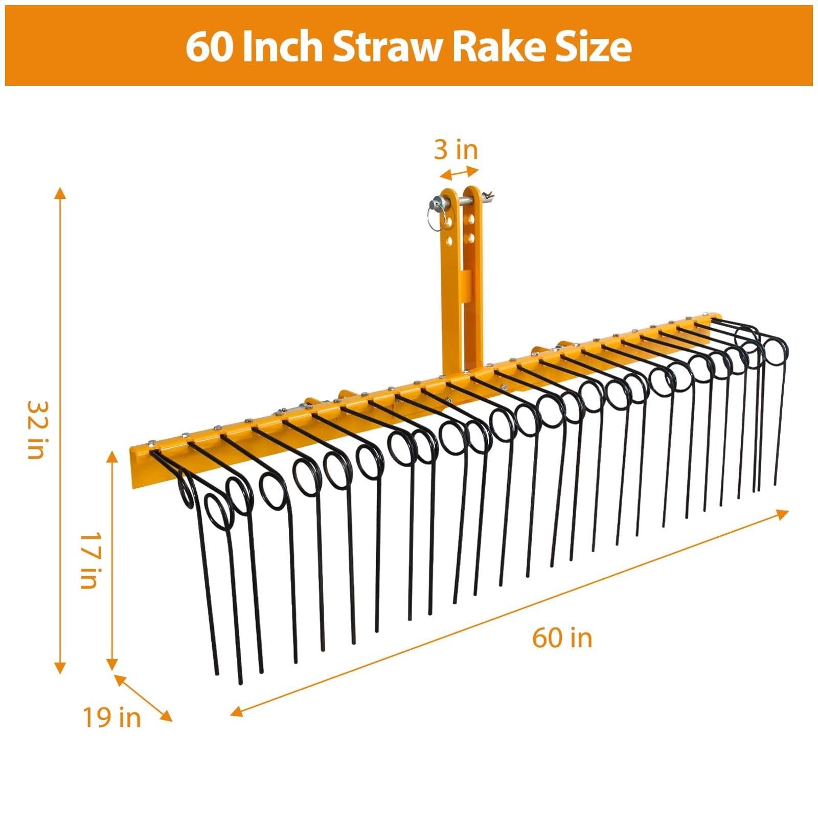 Multi-Purpose 60 IN Pine Straw Rake w/26 Spring Steel Teeth for Cat 0/1 Tractors