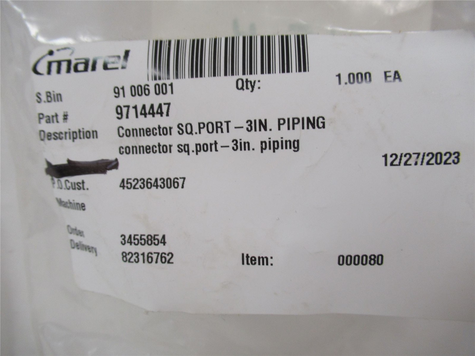 249192 New-No Box; Marel 9714447 Piping Connector 3"