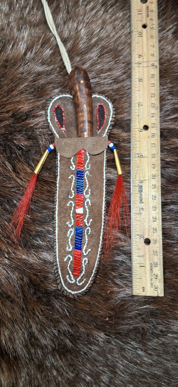 18th Century Native American Handcrafted Porcupine Quilled Neck Knife Sheath