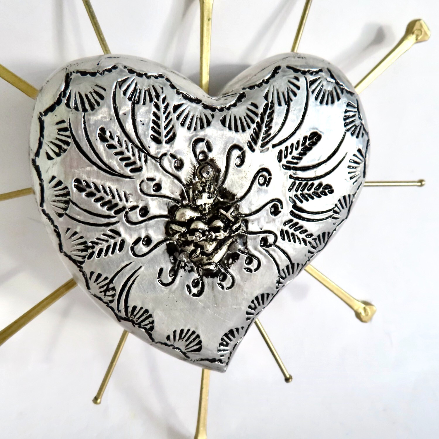 Milagros Sacred Heart Nails Wood Silver Embossed Handmade Mexican Folk Art 6H