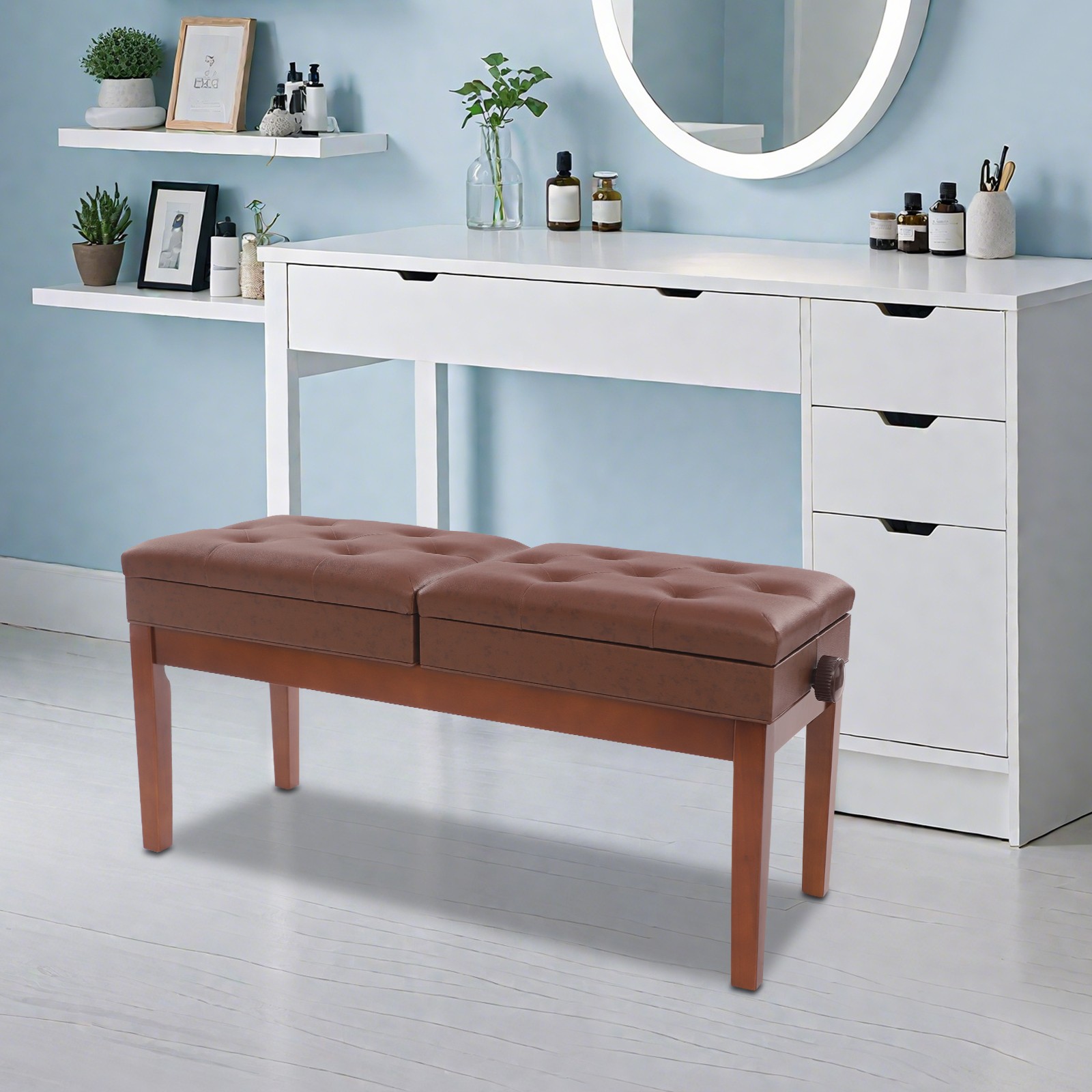 Double Seater Piano Bench Adjustable Duet Piano Bench Piano Bench w/Storage Box