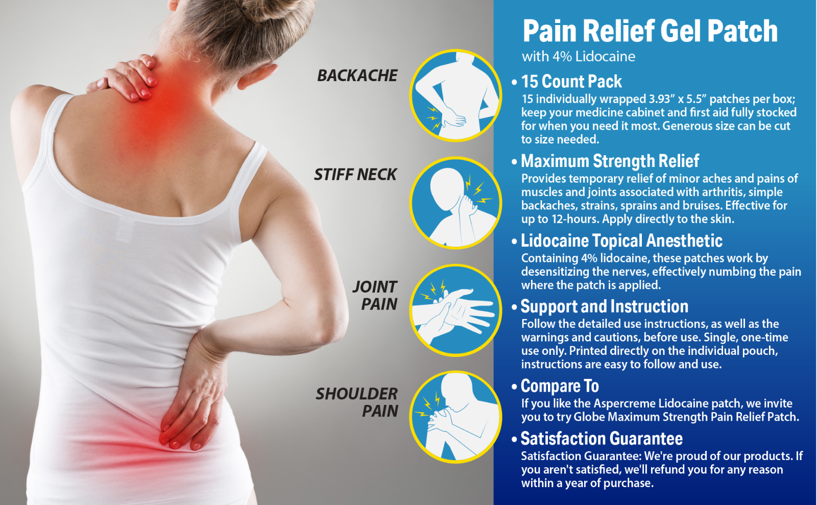 Globe Lidocaine 4% Patch | Maximum Strength Pain Relief 15 Count | Value Pack