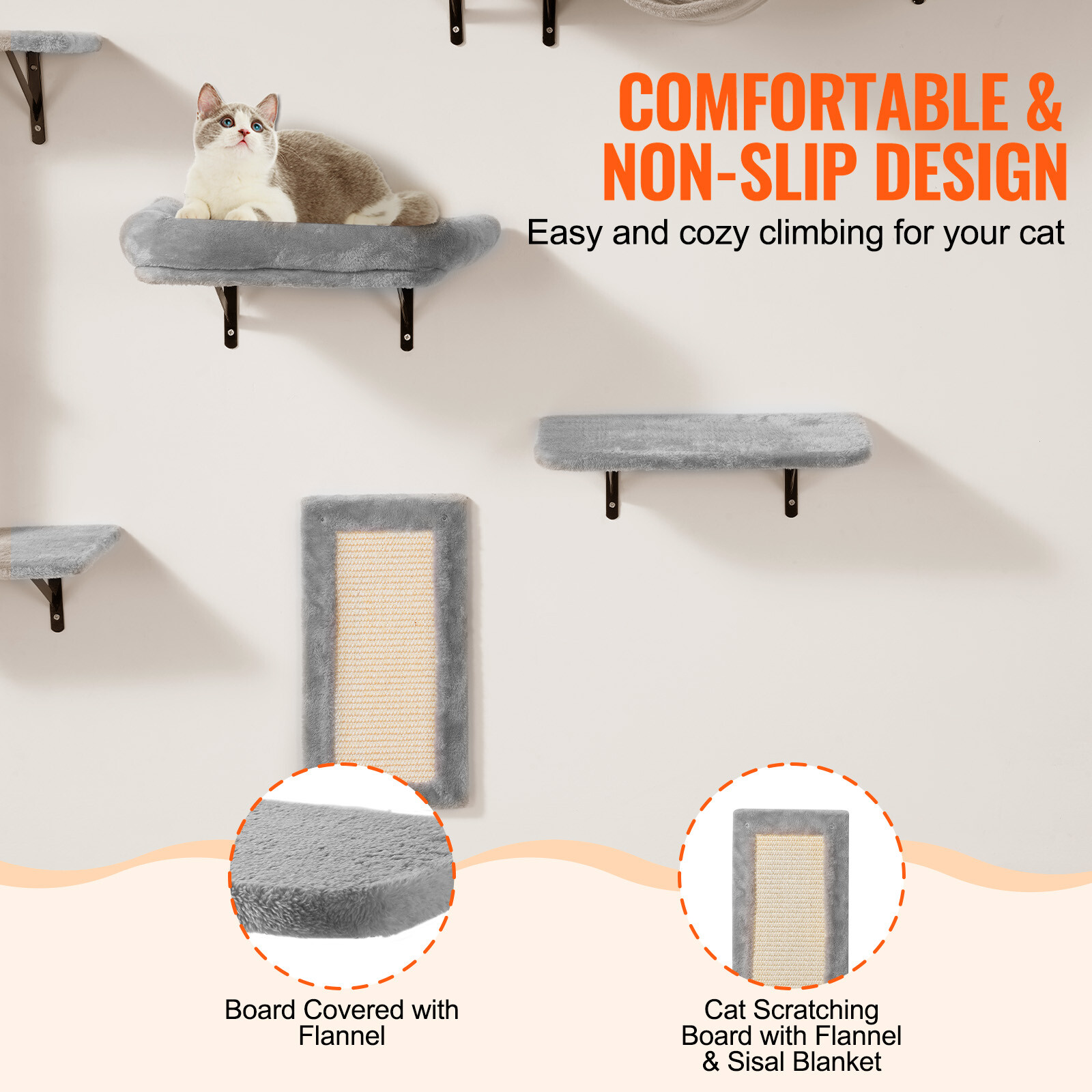 VEVOR Wall Mounted Cat Shelves Tree with Jump Boards Hammock Sofa Grip Set of 6