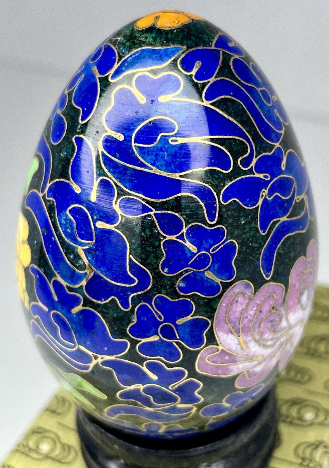 Vintage Chinese Black Cloisonné Enamel Copper Egg Pink Flowers Wood Stand In Box