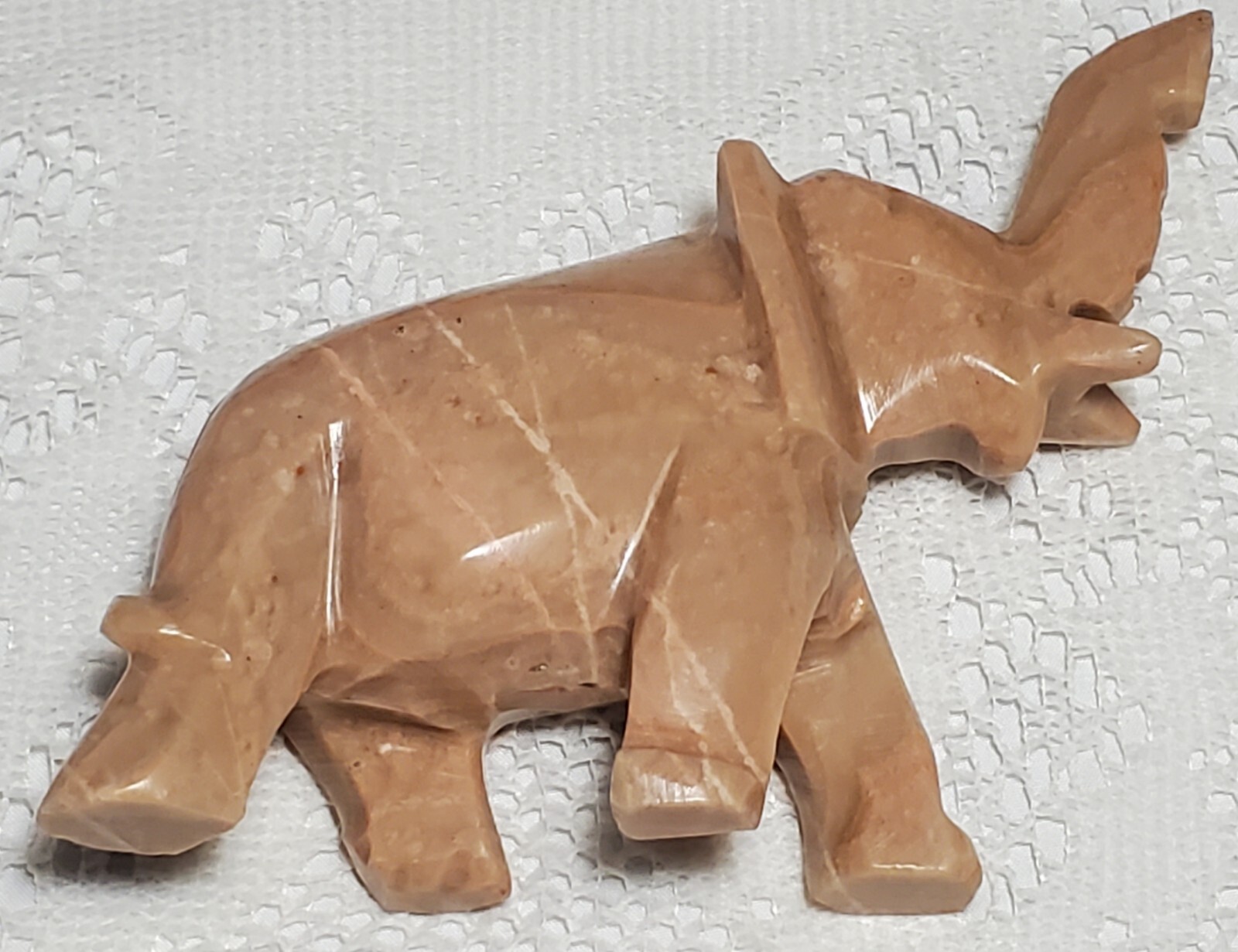 Natural Pink Blush Stone Elephant Hand Carved Marble Trunk Up for Good Luck Vtg