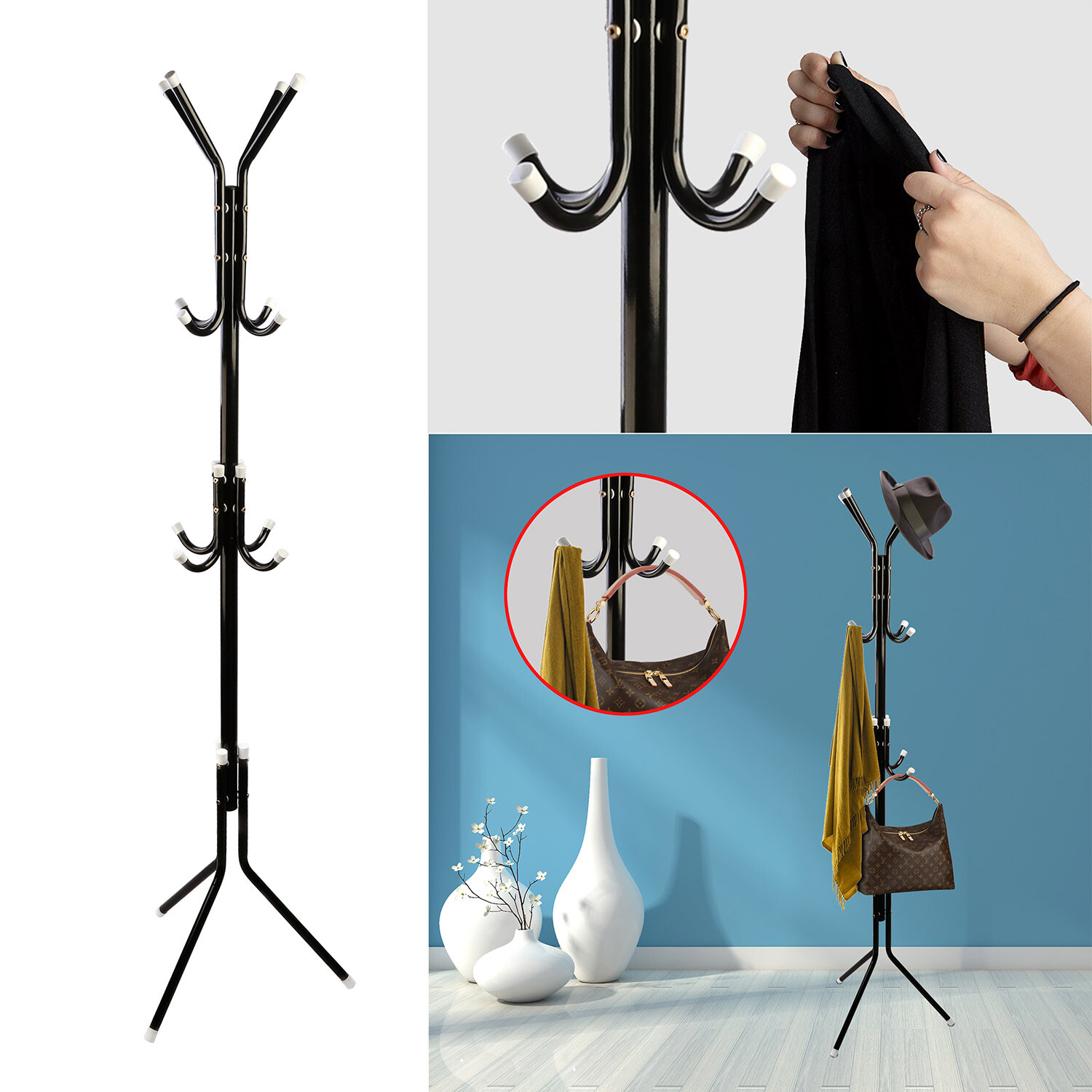 Coat Rack Hat Bag Stand Tree Clothes Hanger Umbrella Holder 12 Hooks Organizer