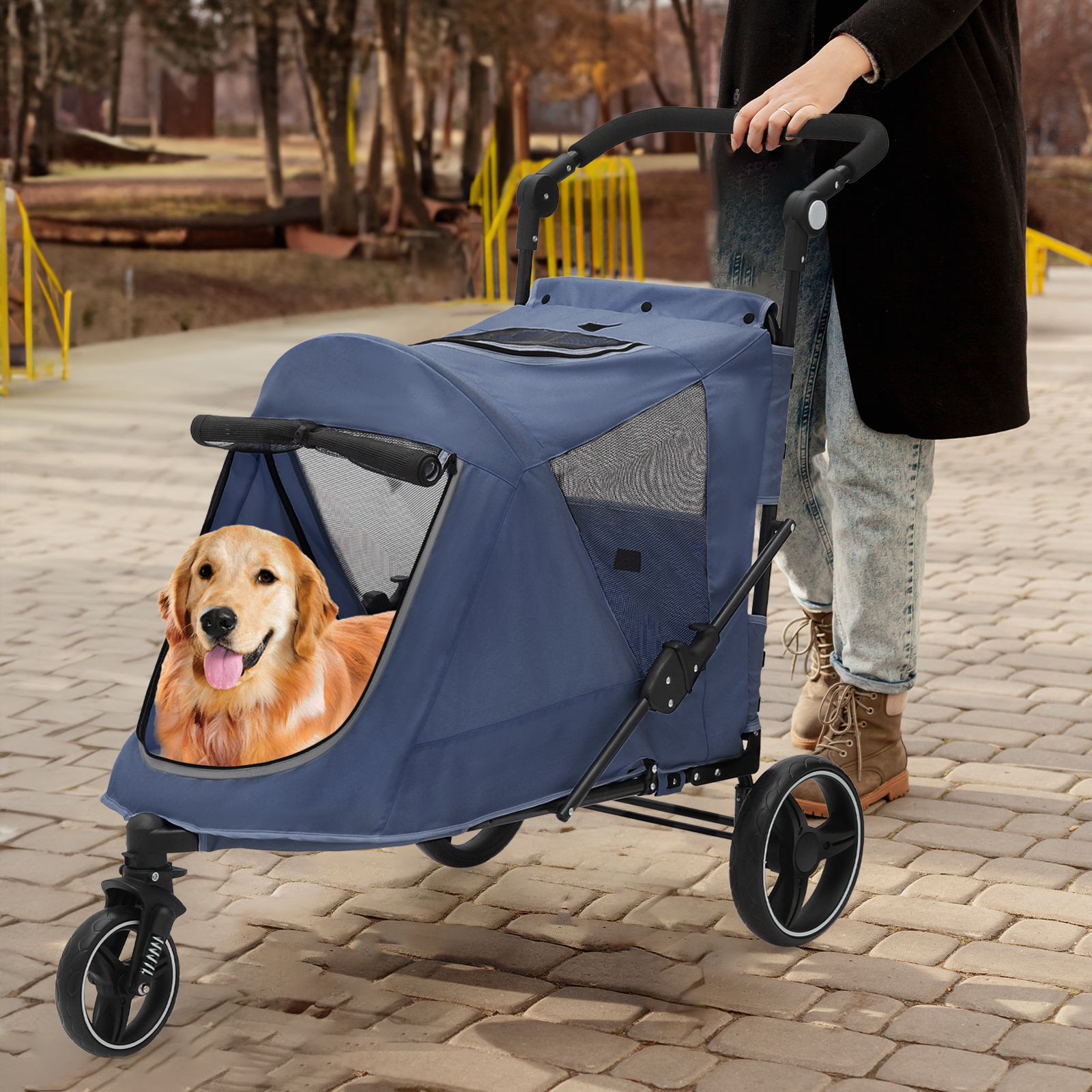 Folding 3-Wheel Dog Stroller Breathable Pet Travel Carrier w/Skylight+Wheel Lock