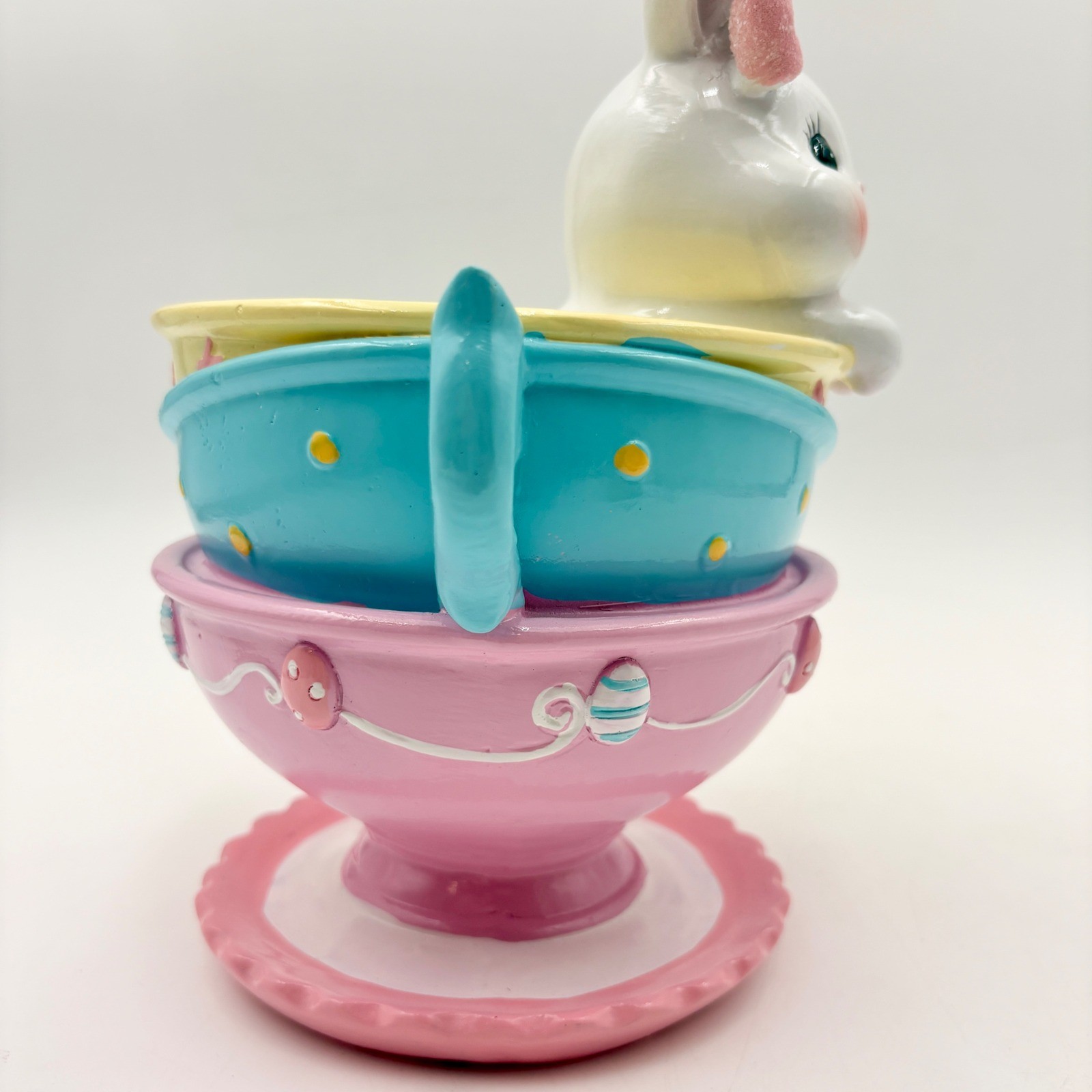 Easter Bunny Rabbit Stack Pastel Teacups Figurine Spring Decor Pink Blue Yellow