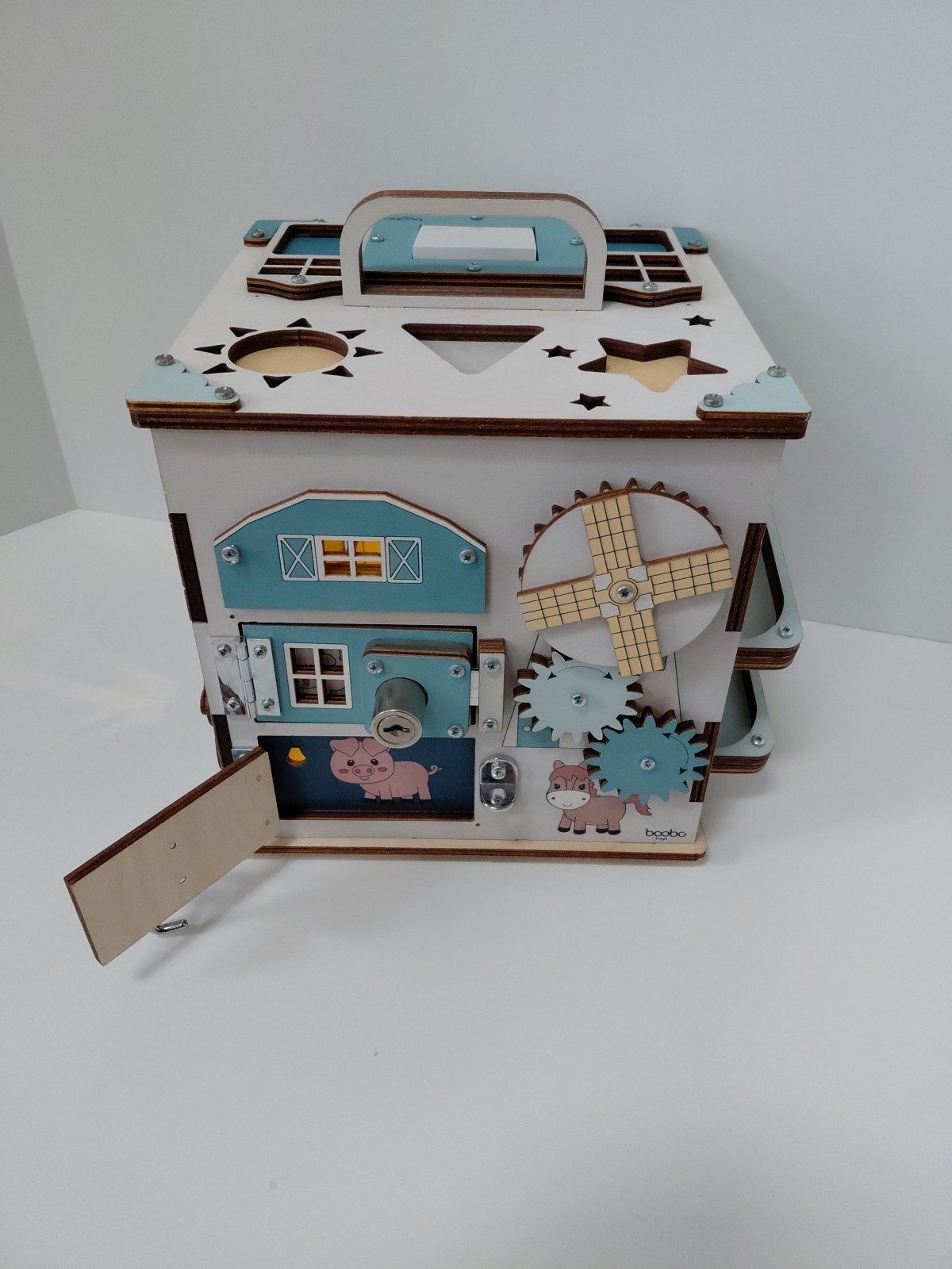 Boobo Toys Wooden Busy Development Activity Cube Blue Undertones Size Medium