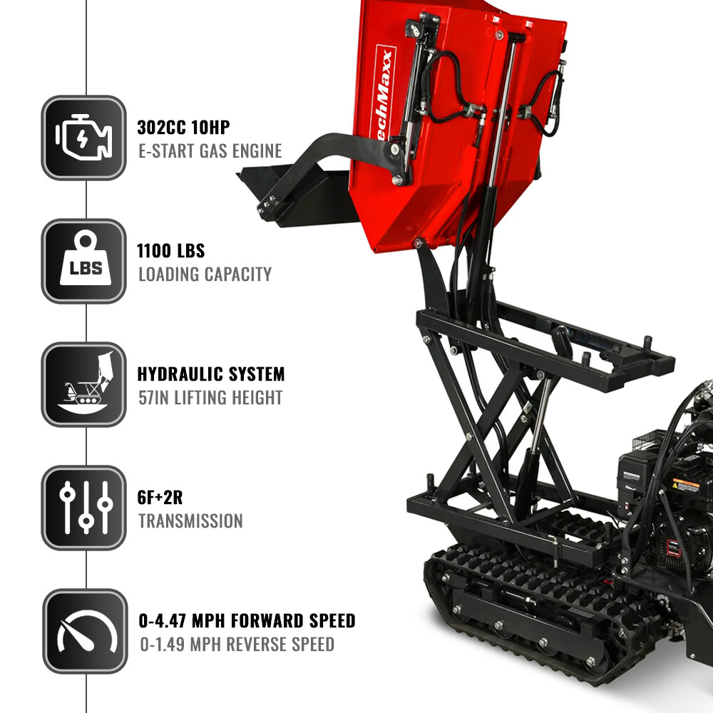 MechMaxx 1100Lbs Capacity Barrow 302cc 10HP E-Start Gas Tracked Dumper, D50HTFL