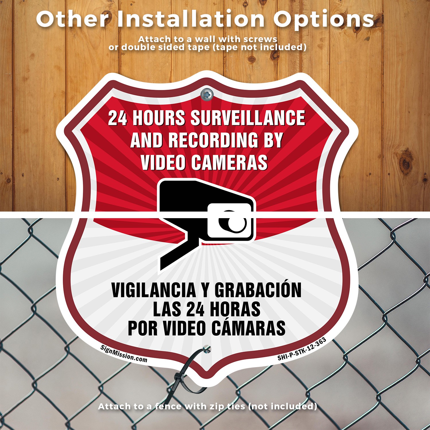 Bilingual 24 Hour Surveillance Shield Sign 24 Hour Surve Shield Sign With Stake