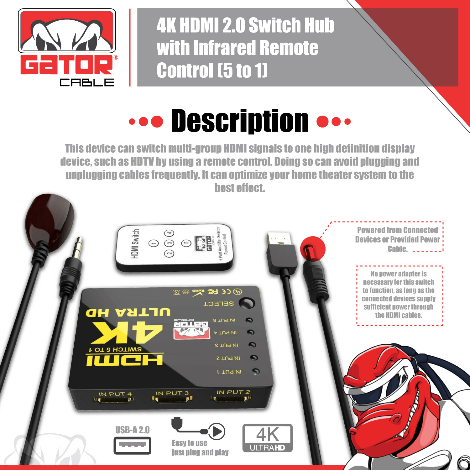 4K HDMI 2.0 Cable Splitter Switcher Box Hub IR Remote Control 5X1 Power 5 to 1