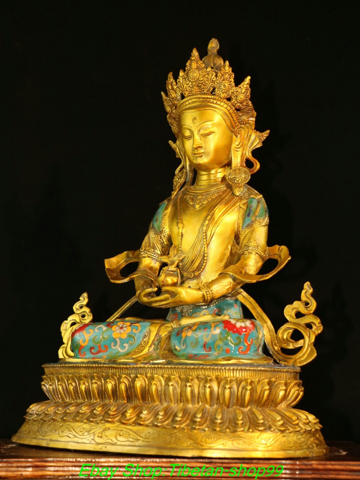 17.7" Old Bronze Cloisonne Enamel Gold Amitayus longevity God Goddess Statue