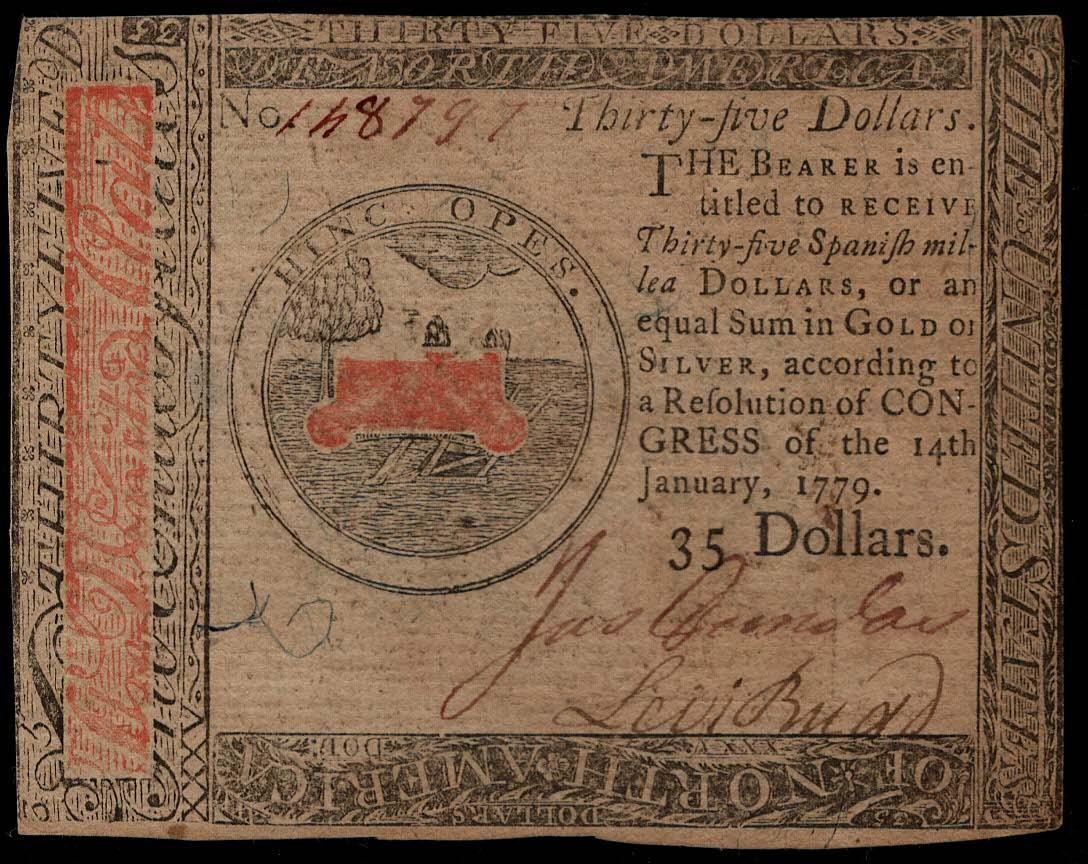 CC-94 *** PMG AU50 *** $35 January 14, 1779 Continental Colonial Currency Note