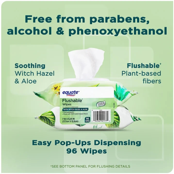 Equate Flushable Wet Wipes with Witch Hazel & Aloe, 96 Wipes (2 Pack)