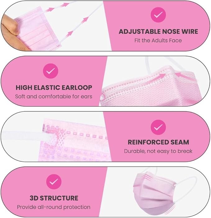 100/50 PCS Pink Protective 3 Layer Face Mask Respirator Disposable Masks BFE98%