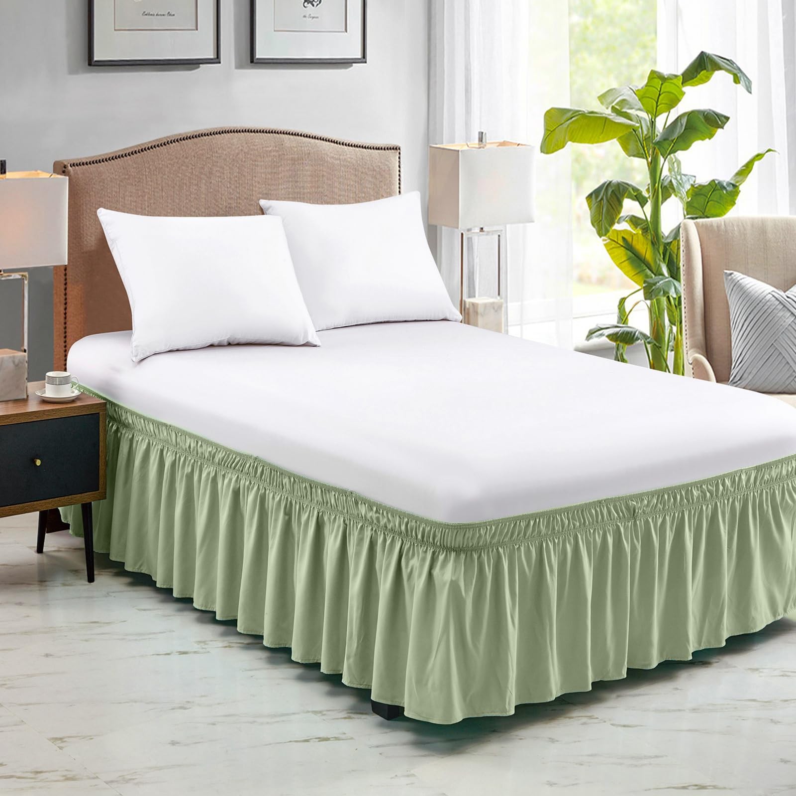 Queen Bed Skirt Elastic Fit 15-Inch Drop Sage Green Hotel Quality