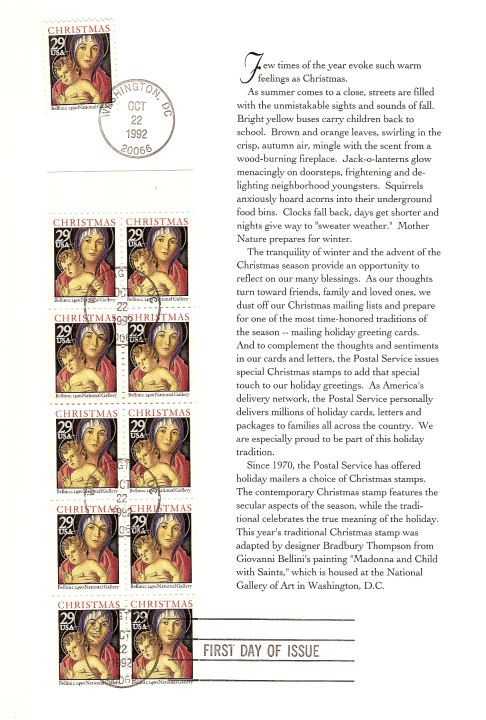 #2710 FD Program 25c Christmas Madonna Stamp with booklet stamps