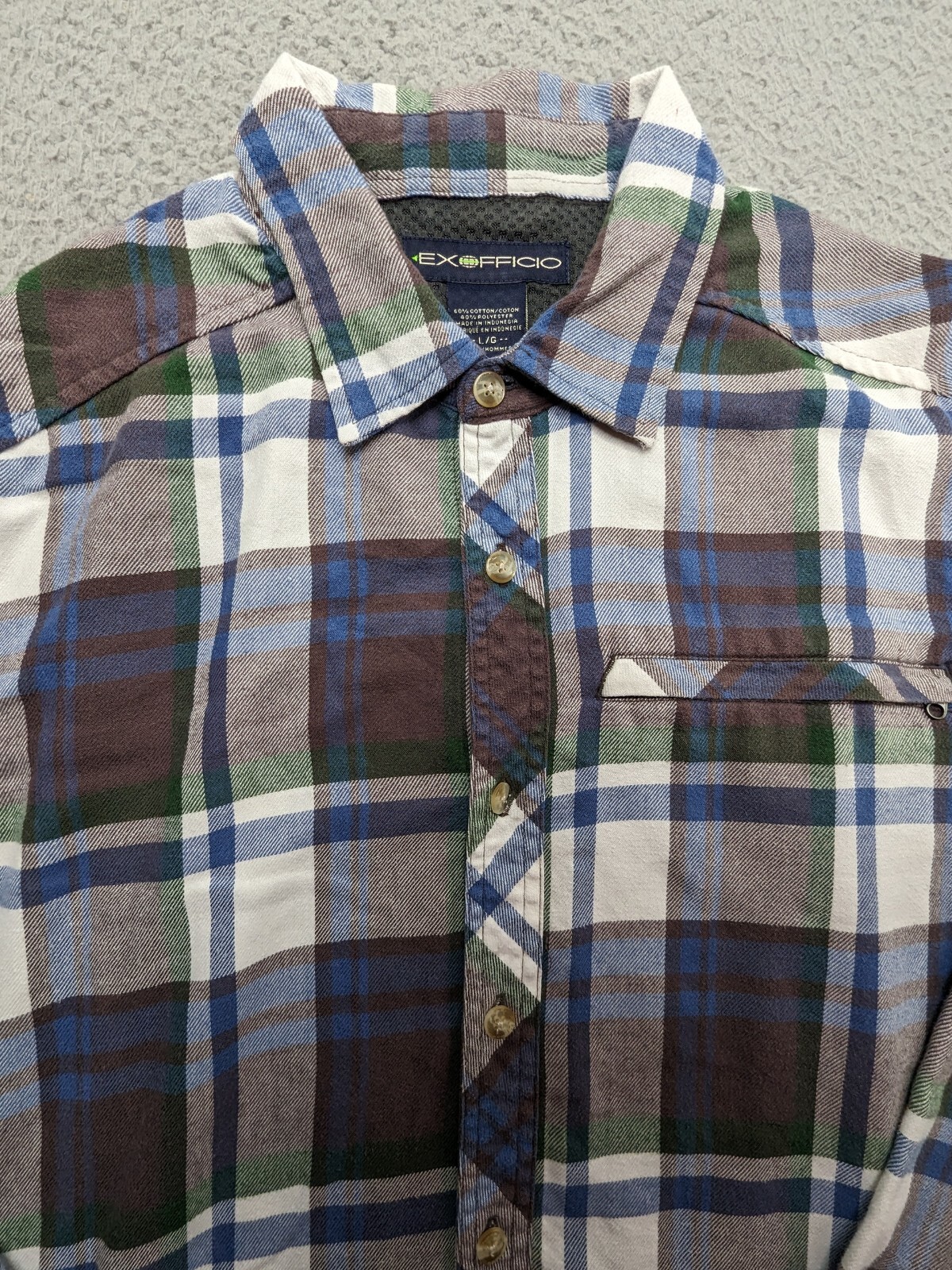 EX OFFICIO Shirt Men's Large Purple Plaid Flannel LS Outdoor Mid-weight
