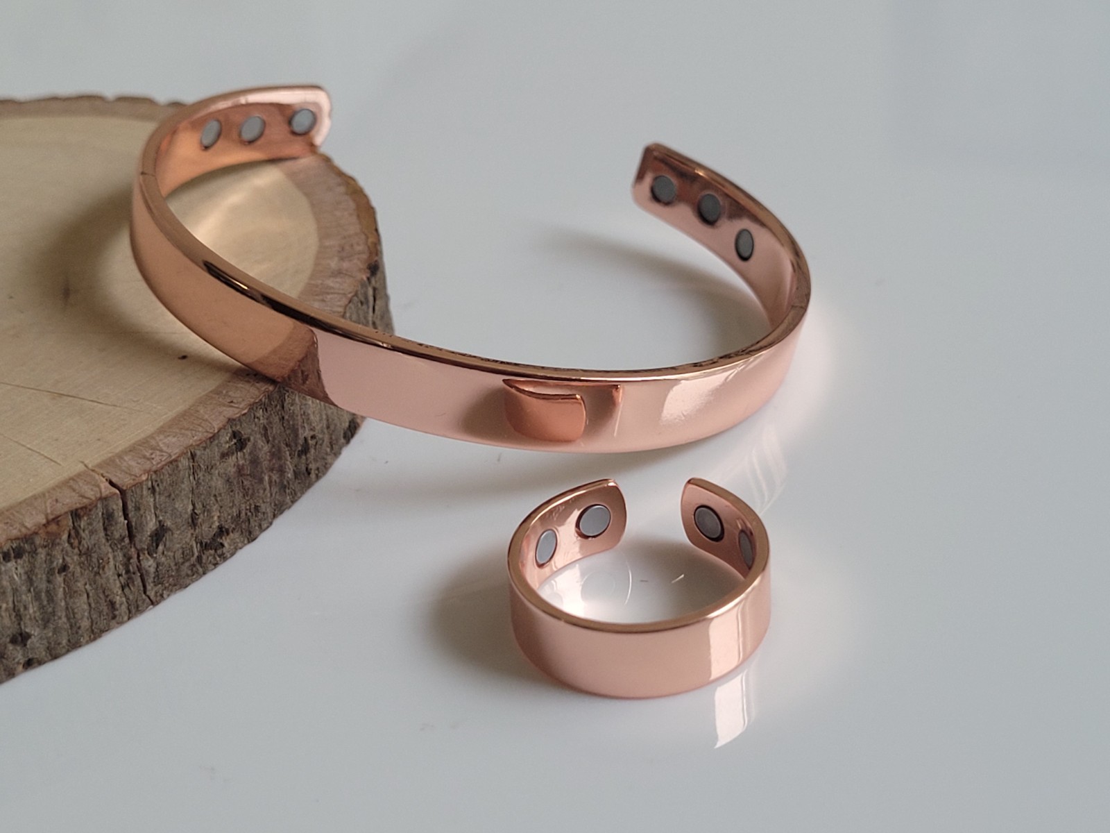 Solid Copper Magnetic Bracelet Ring Set Arthritis Men Women Cuff Ring Set Flat
