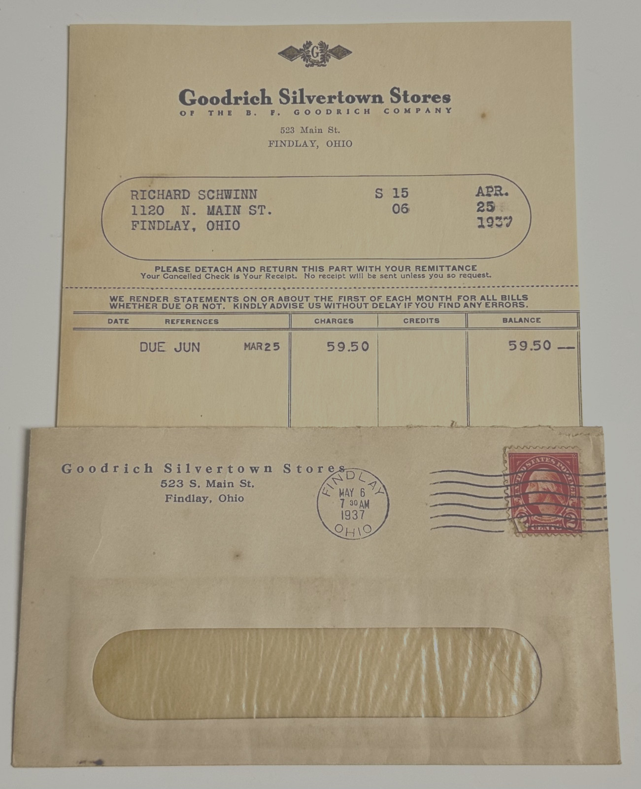 1937 Goodrich Silvertown Stores Findlay OH Billhead & Postal Cover