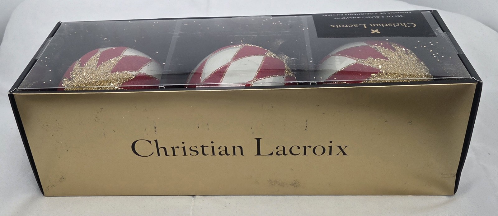 Set of 3 Christian Lacroix Harlequin Glass 4" Christmas Ornaments Gold Red White