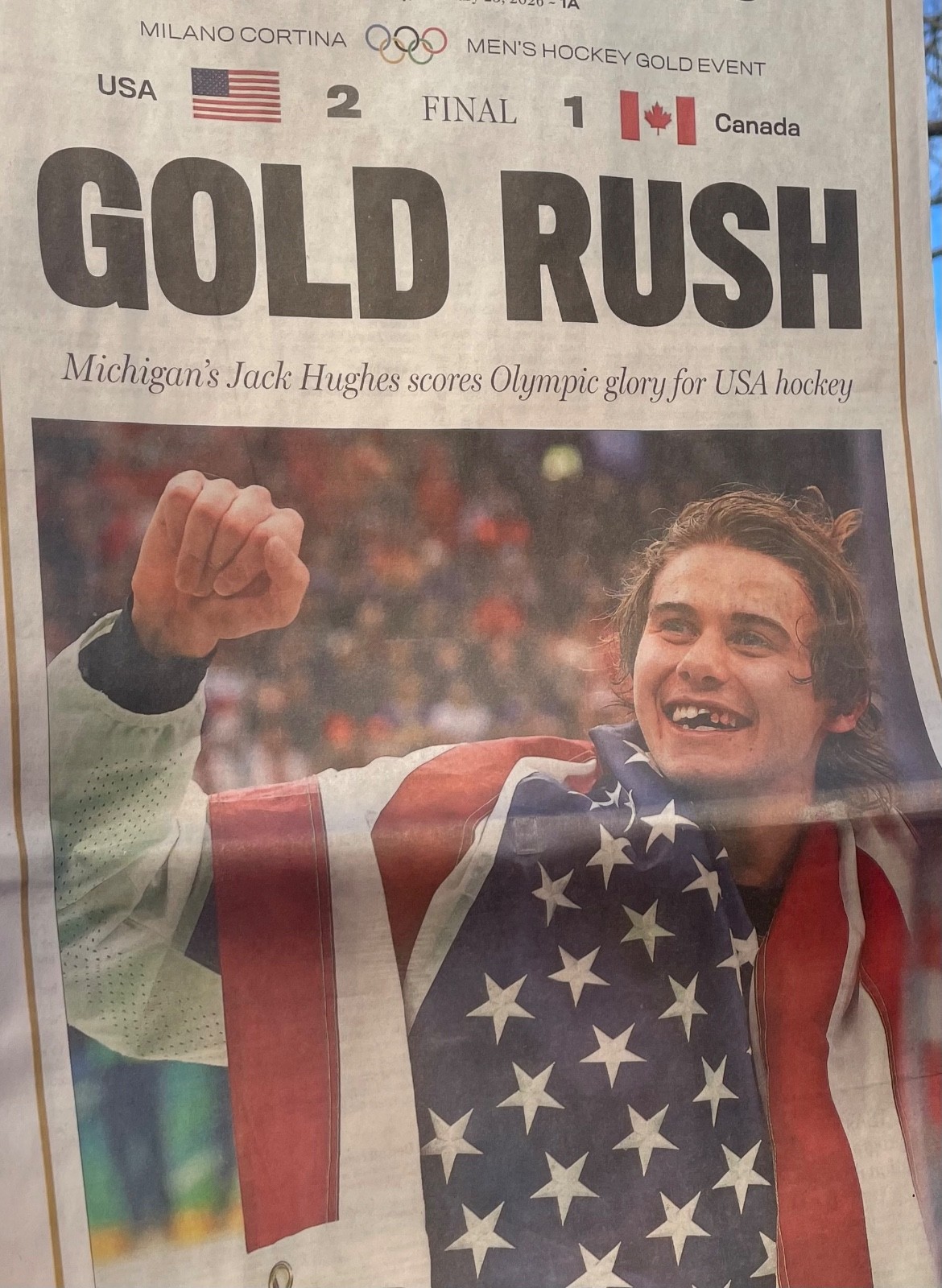 23FEB2026 TEAM USA 🇺🇸 WINS OLYMPIC GOLD RUSH DETROIT NEWS FULL PAPER HOCKEY