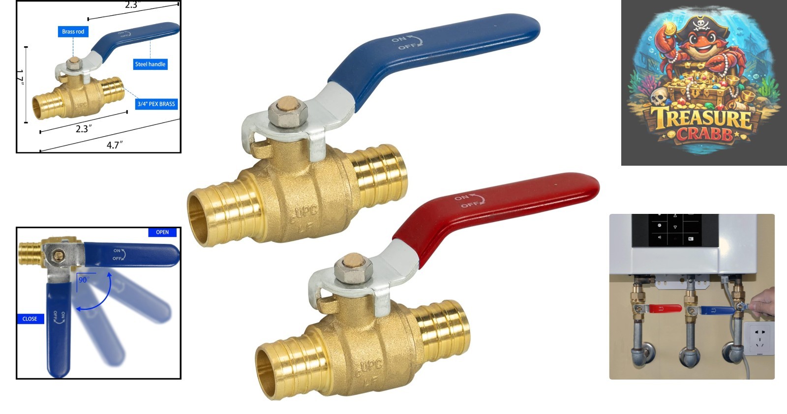 2-Pack 3/4 Inch Pex Brass Shut Off Ball Valve for Hot & Cold Water Systems
