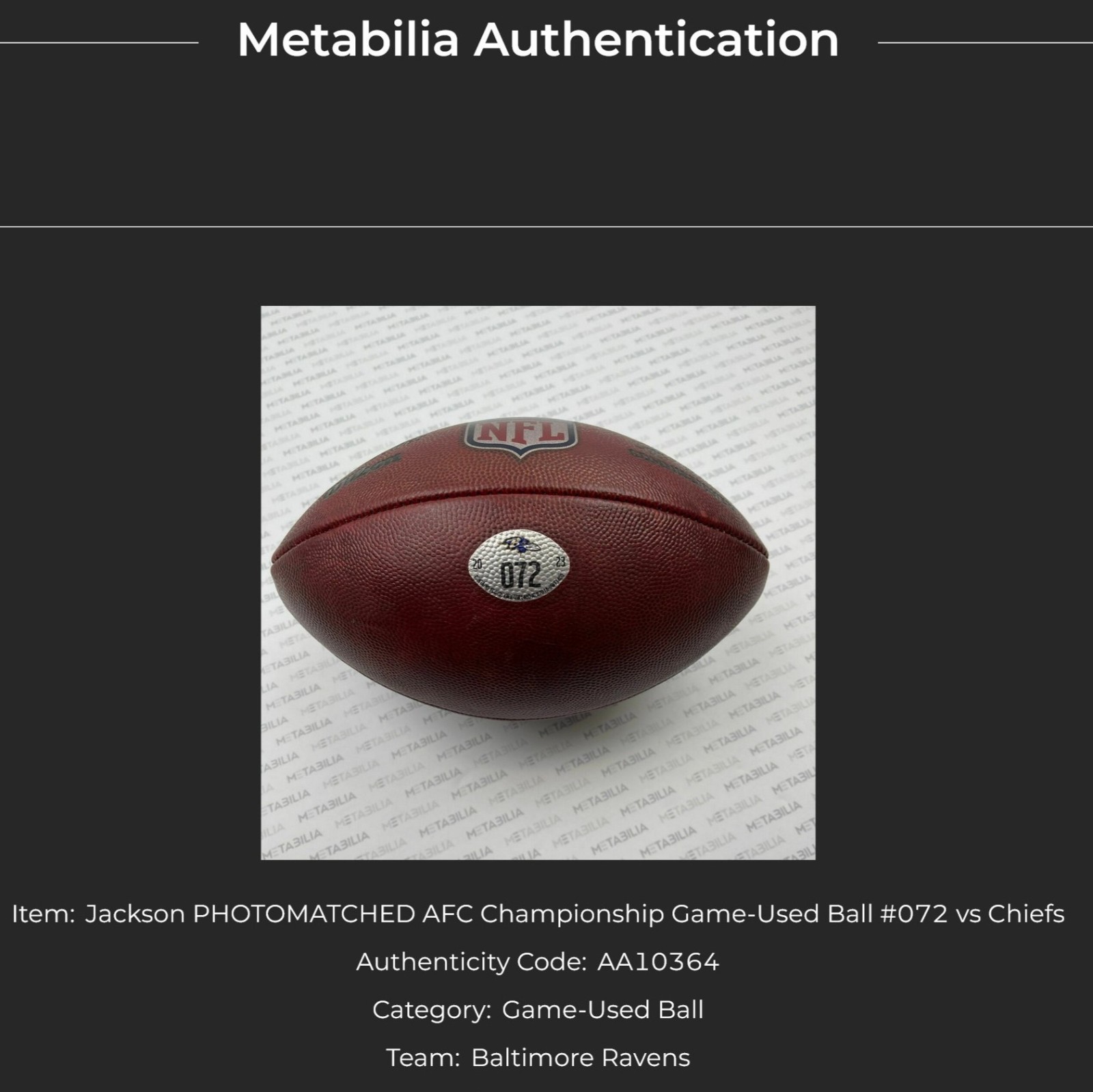 Lamar Jackson PHOTOMATCHED GAME-USED Ravens Football vs Chiefs 01/28/24 AFC game