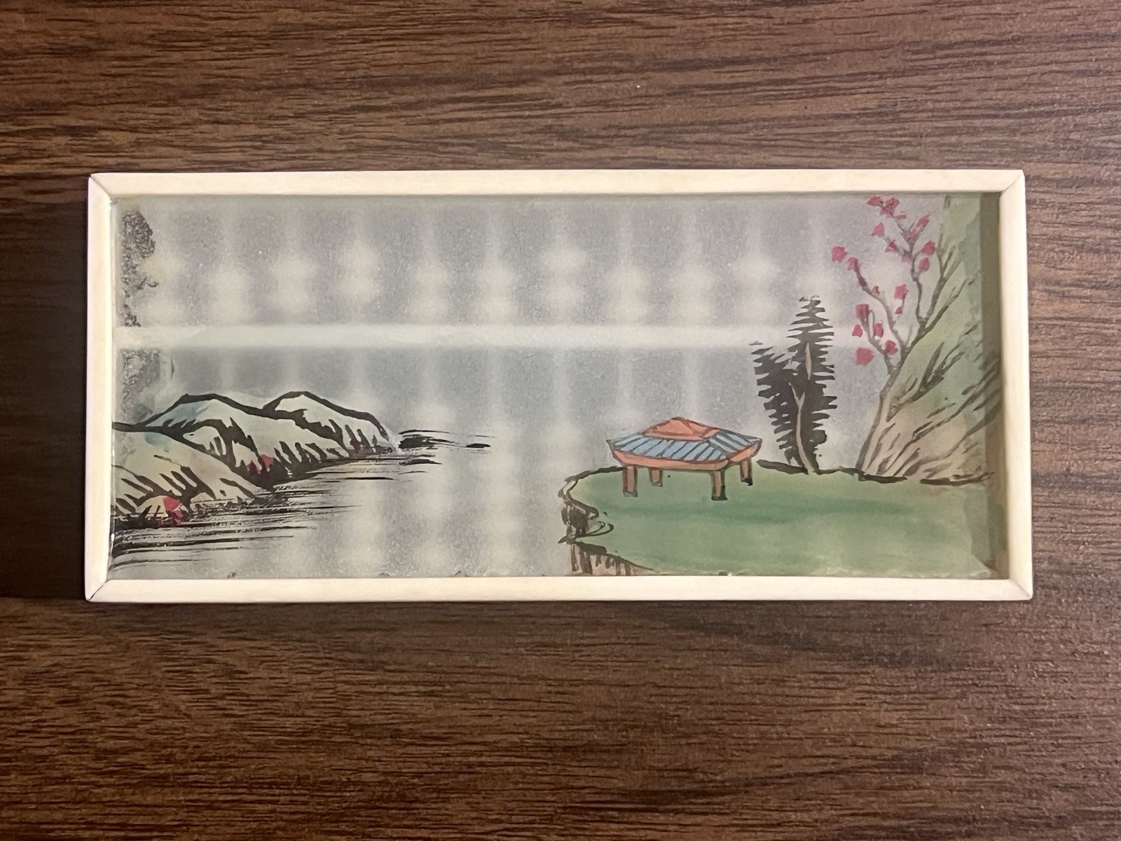 Small Vintage Chinese Abacus Suanpan Painted Glass Fabric Box VGC