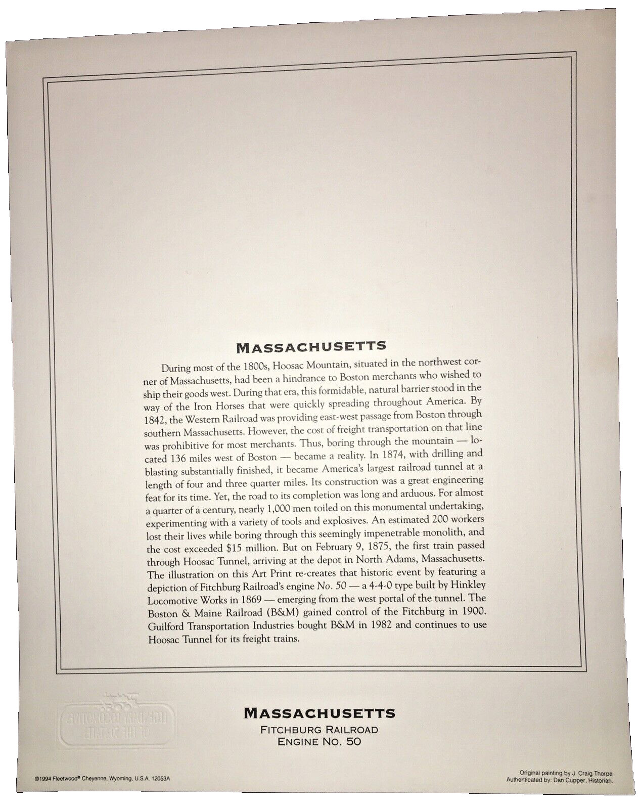 Vintage MASSACHUSETTS Fitchburg Railroad Engine No. 50 Rare 8x10 Print