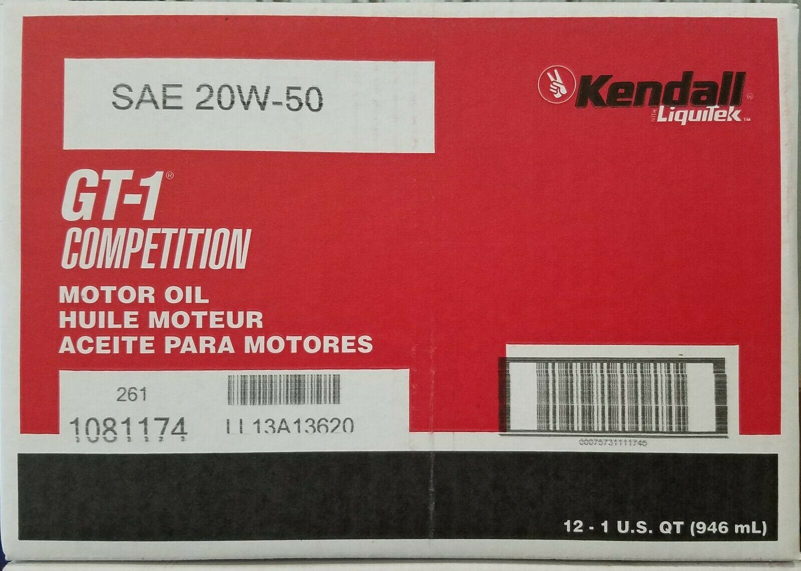Kendall Titanium 20W50 GT-1 Competition Motor Oil Case of 12 - 1 Quart Bottles