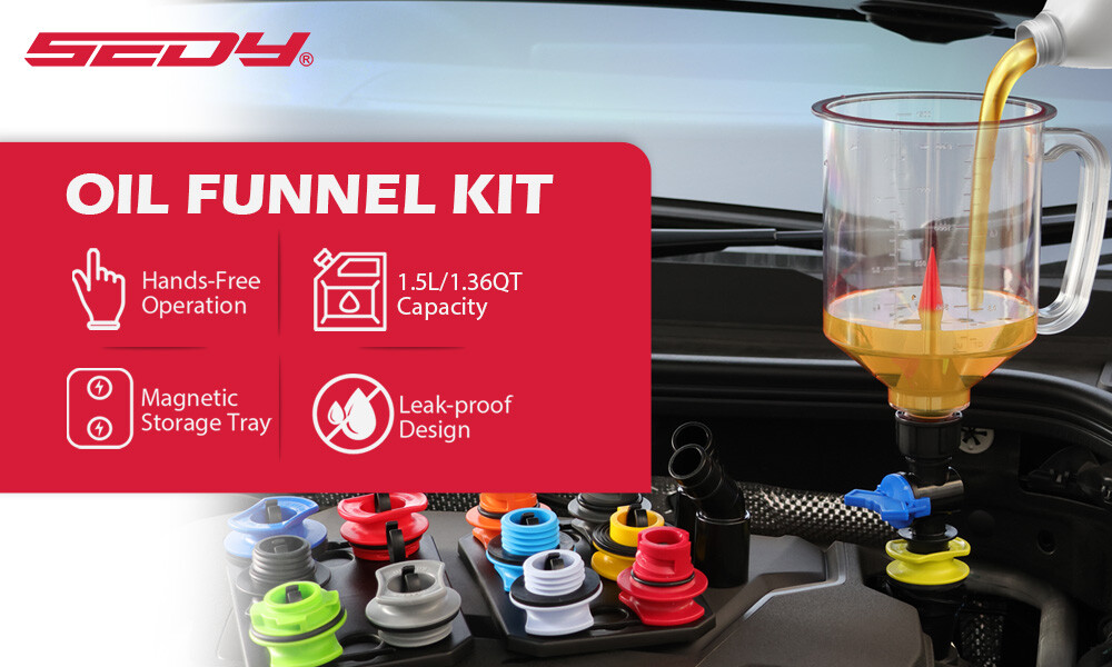 17-Piece Engine Oil Funnel Set 1.36 qt with 12 Adapters Magnetic Storage Trays