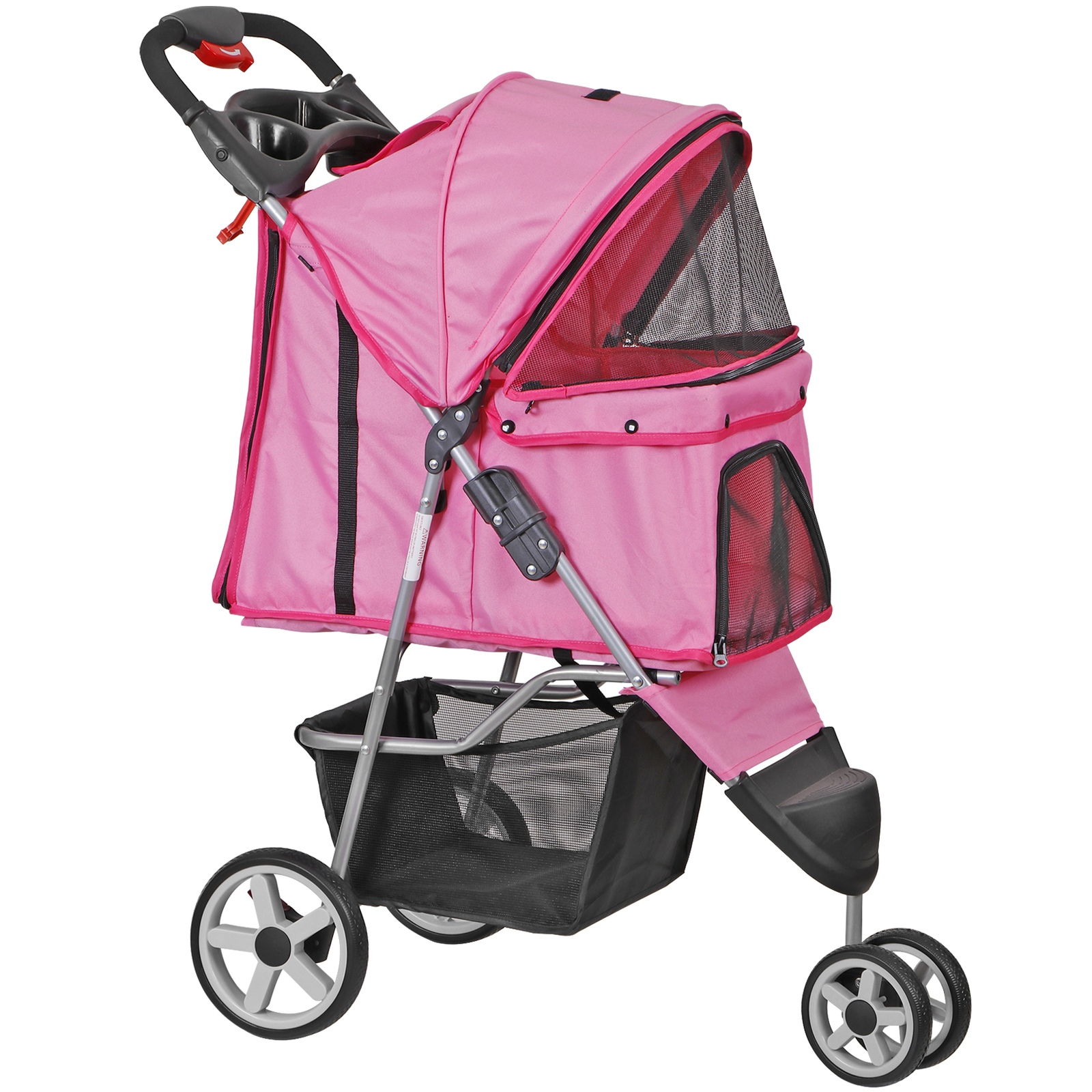 3 Wheels Pet Stroller Foldable Dog Stroller Cart Cat Carrier w/Cup Holder Pink