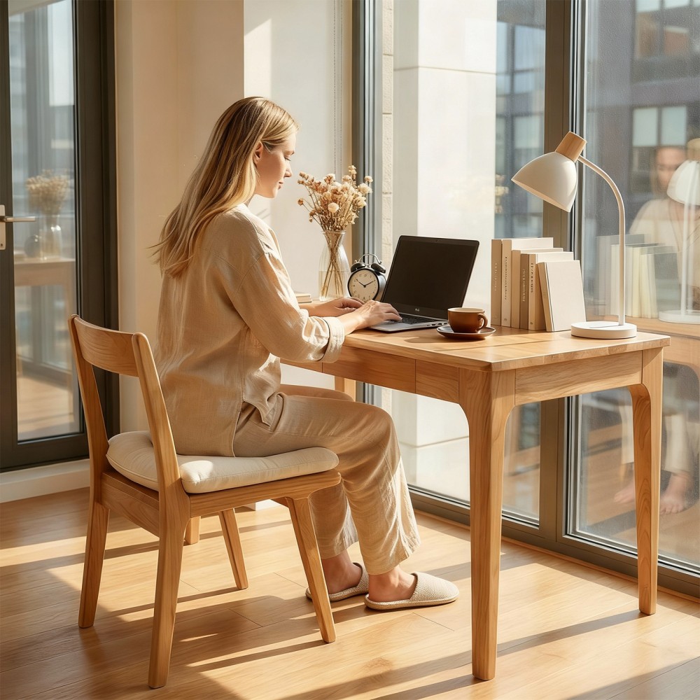 Modern Solid Wood Writing Desk with 2 Drawers, Compact Office Desk