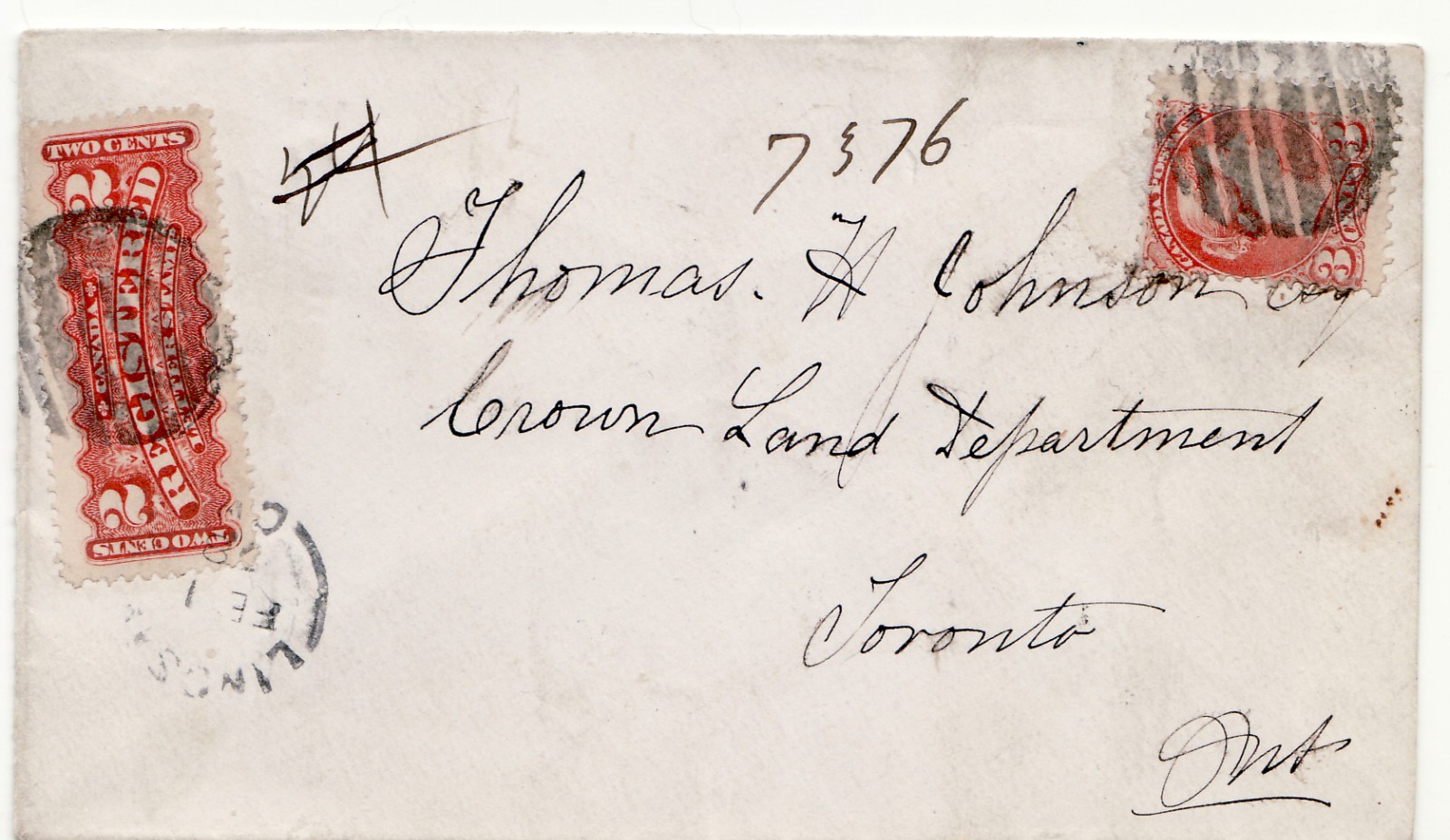 1878 Canada Registered Cover LINDSAY CW to TORONTO - Small Queen + 2c Reg - RPO