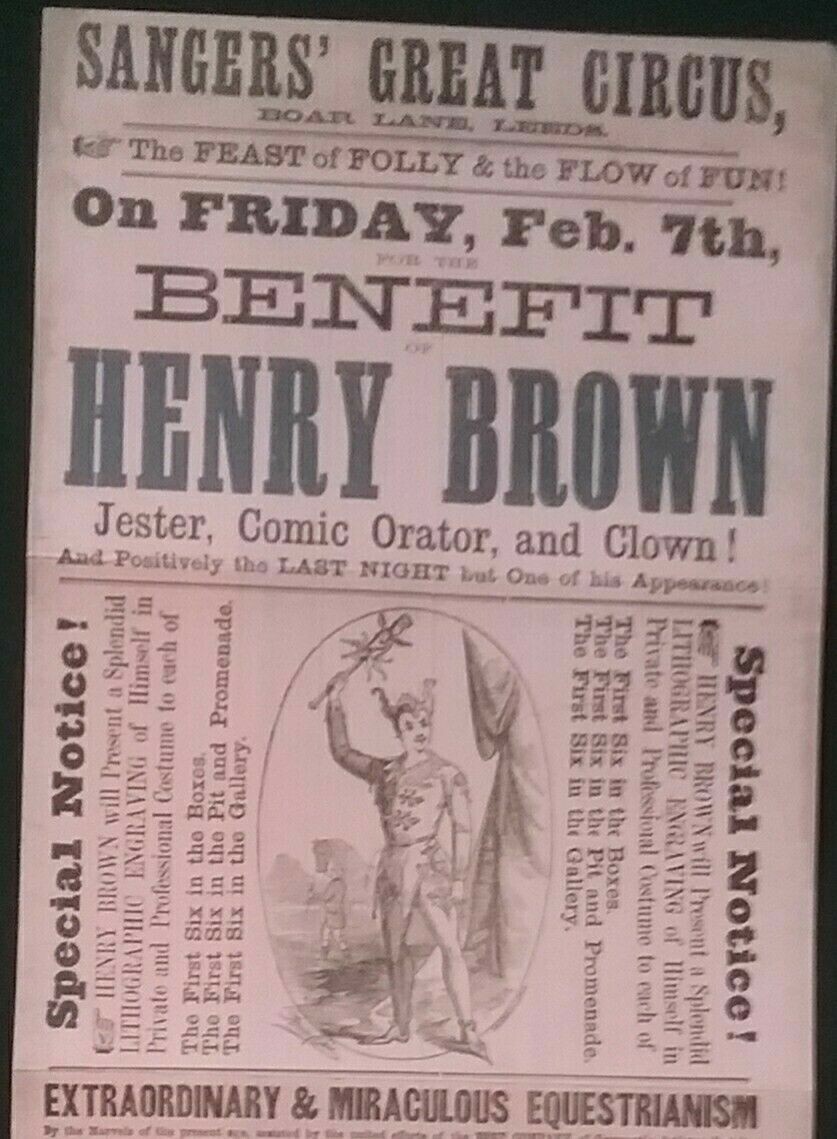 VICTORIAN POSTER , SANGERS GREAT CIRCUS, BOAR LANE , LEEDS , *Reproduction*