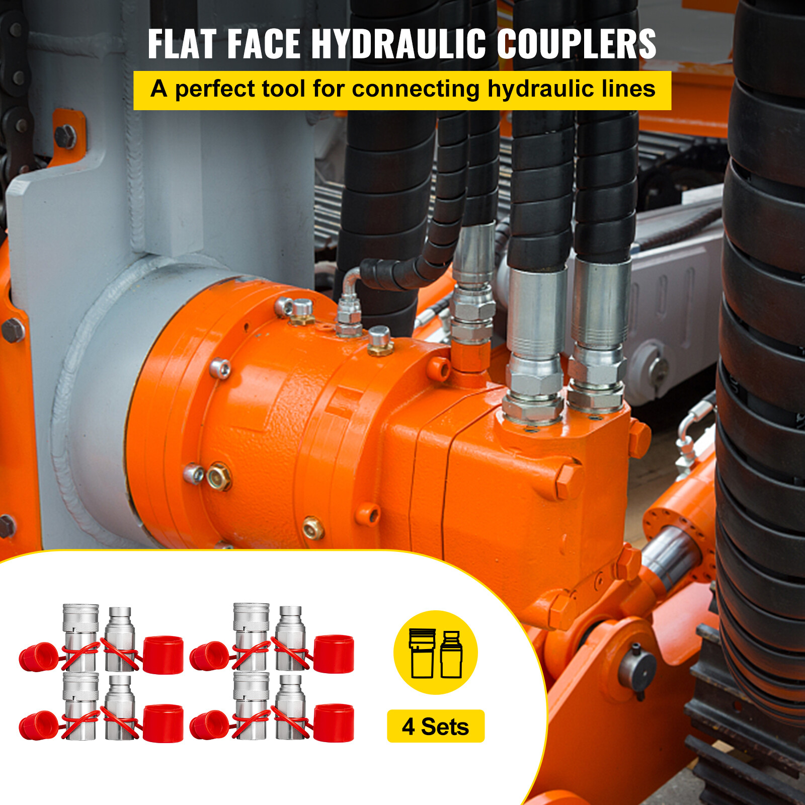 VEVOR 4 Sets 1/2" Flat Face Hydraulic Coupler Quick Connect Skid Steer Bobcat