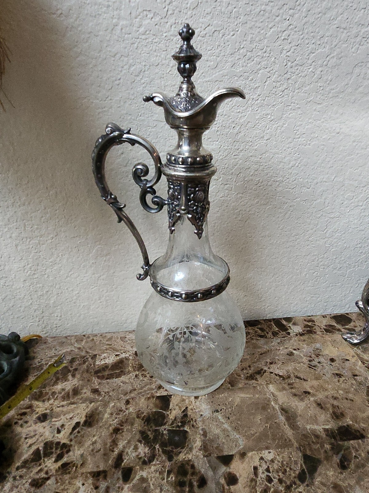 RARE Antique Circa Art Nouveau Silver Plate Etched Glass Claret Jug decanter