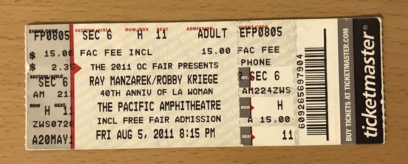 2011 THE DOORS RAY MANZAREK ROBBY KRIEGER ORANGE COUNTY FAIR CONCERT TICKET STUB